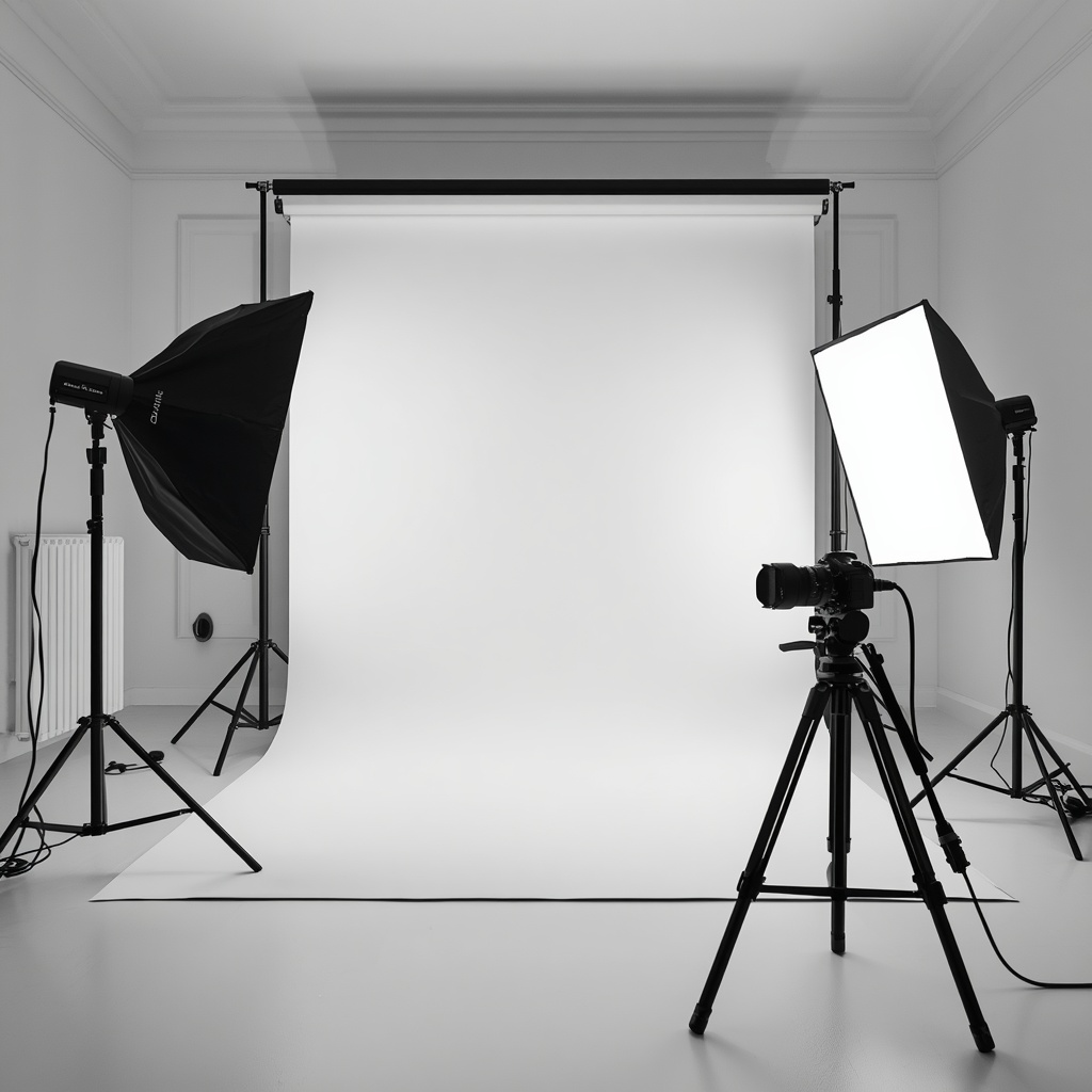 A professional photography studio interior with softbox lighting, camera equipment on tripods, and a clean minimalist backdrop setup
